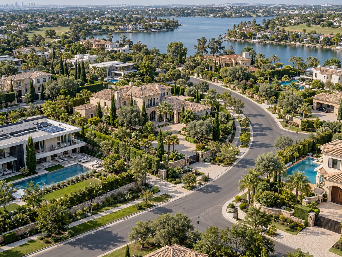 Elevated view of a luxury villa neighbourhood with tree-lined streets, private pools and a lake beyond