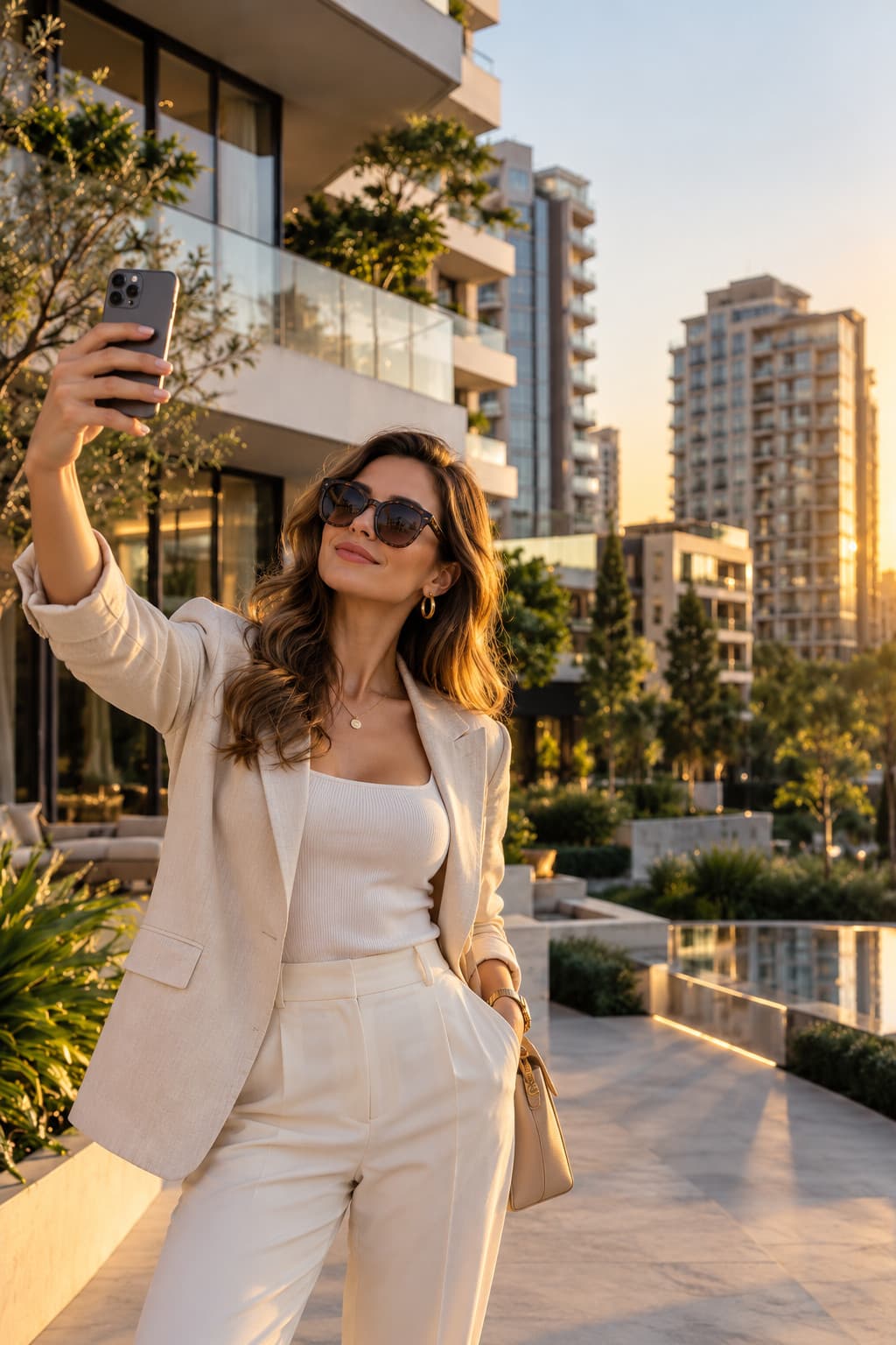 A woman in a cream linen suit taking a selfie on a marble terrace among modern residential towers at sunset