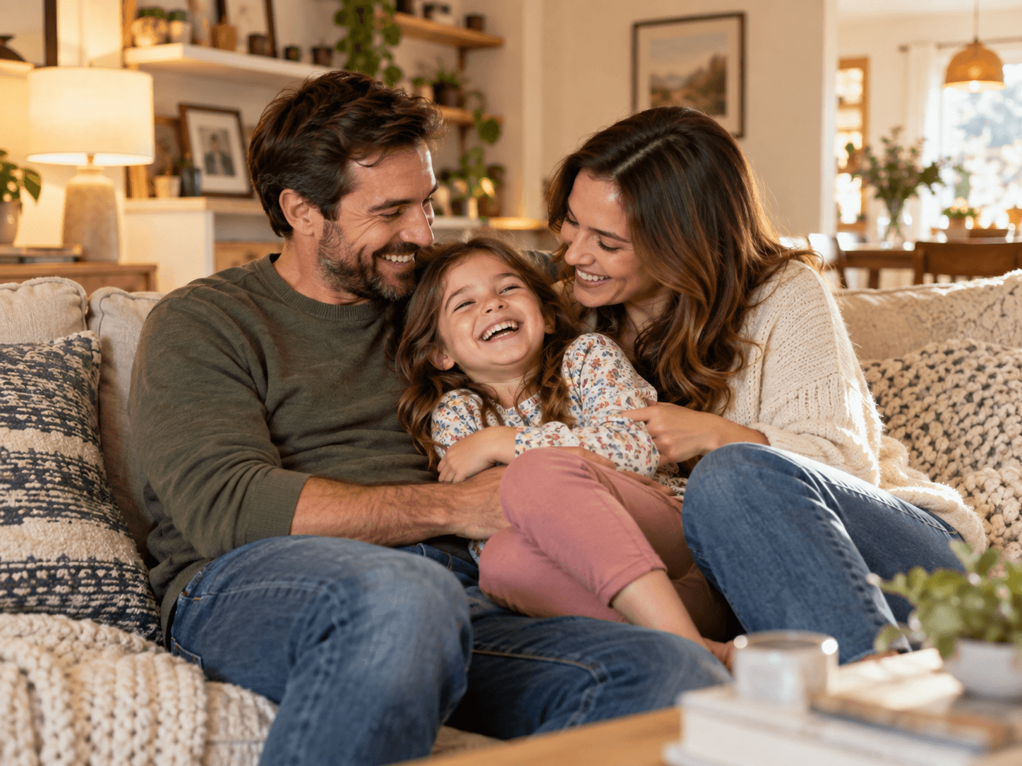 A family laughing together on a sofa in a warm, sunlit living room