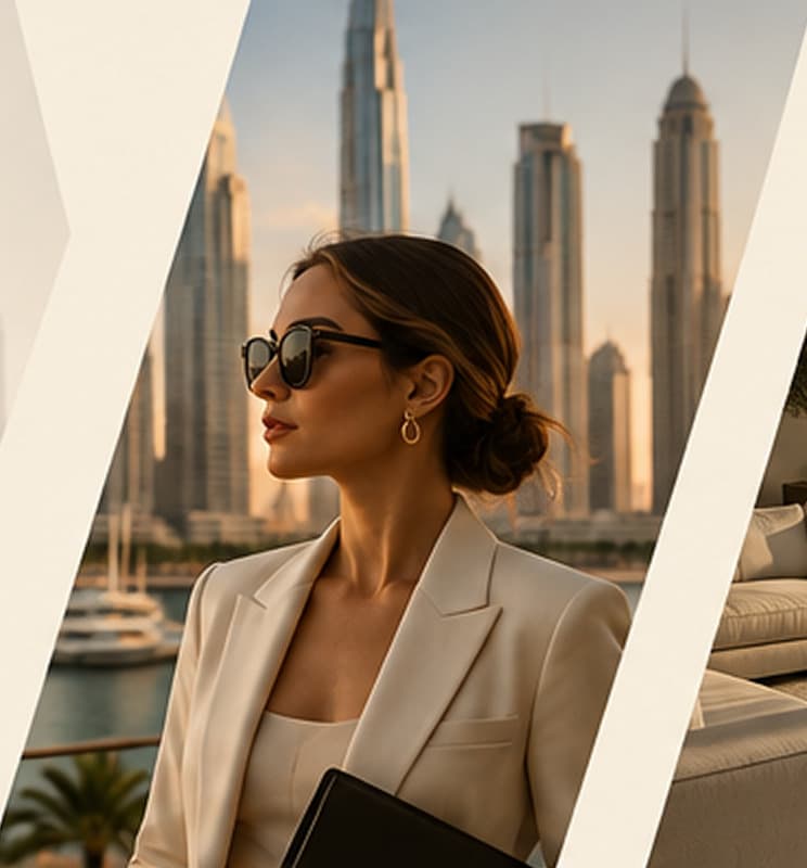 A client in a cream blazer above a marina, city towers behind her