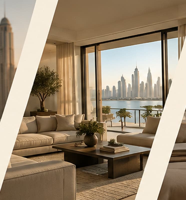 Sunlit living room with deep sofas and floor-to-ceiling glass facing the skyline