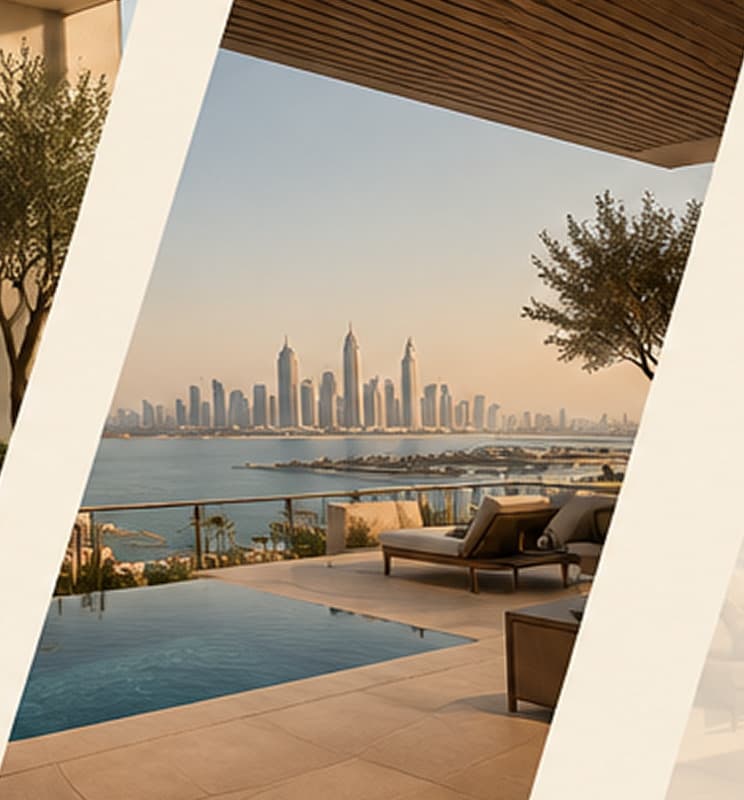 Terrace with an infinity pool overlooking the water and the city skyline