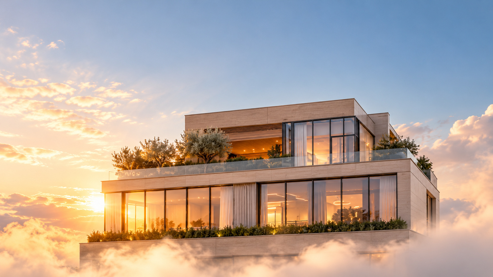Contemporary stone-and-glass villa with terrace olive trees, glowing at sunset above a sea of cloud